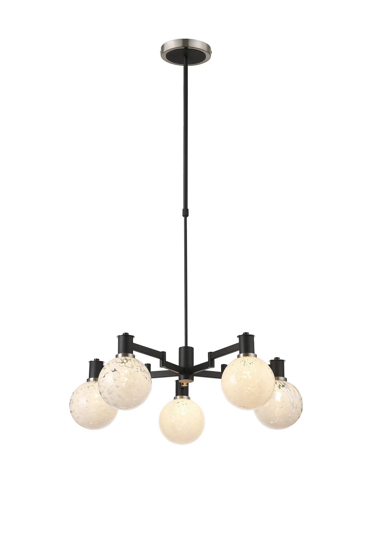 Adamson Swing Arm Telescopic Pendant 5 x E14 Satin Nickel/Satin Black/White Round Speckled Glass