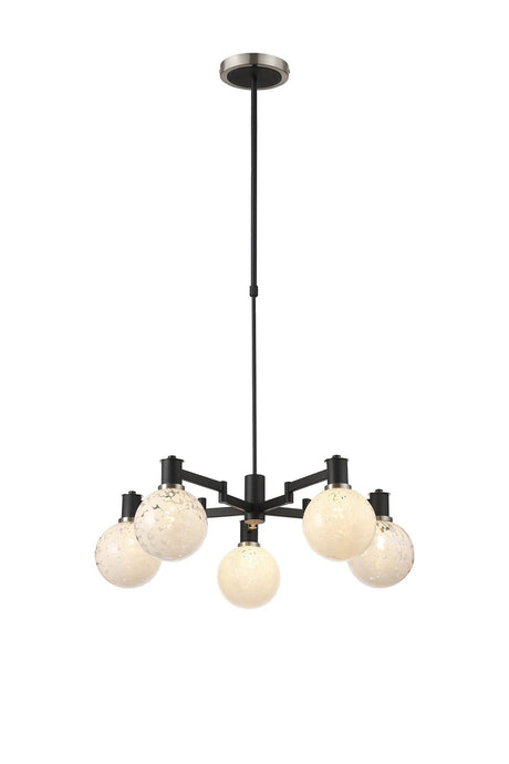 Adamson Swing Arm Telescopic Pendant 5 x E14 Satin Nickel/Satin Black/White Round Speckled Glass