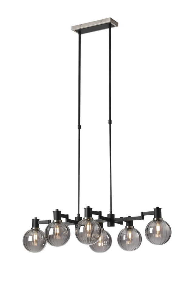 Adamson Swing Arm Telescopic Linear Pendant 6 x E14 Satin Nickel/Satin Black/Smoke Plated Round Segment Glass