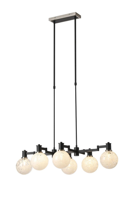 Adamson Swing Arm Telescopic Linear Pendant 6 x E14 Satin Nickel/Satin Black/White Round Speckled Glass