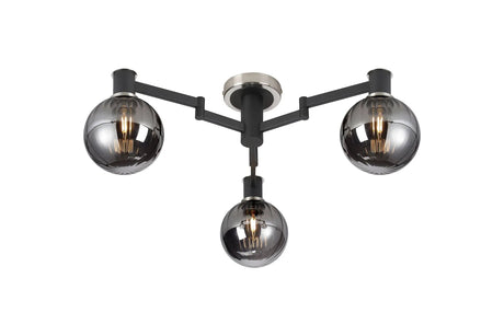 Adamson Swing Arm Flush Ceiling 3 x E14 Satin Nickel/Satin Black/Smoke Plated Round Segment Glass