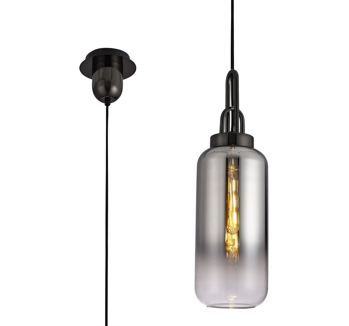 Allardyce 1 Light Pendant E27 With 16cm Cylinder Glass, Black Chrome/Matt Black/Smoked/Clear