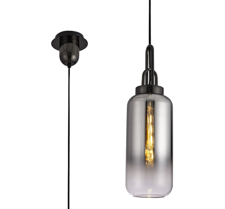 Allardyce 1 Light Pendant E27 With 16cm Cylinder Glass, Black Chrome/Matt Black/Smoked/Clear