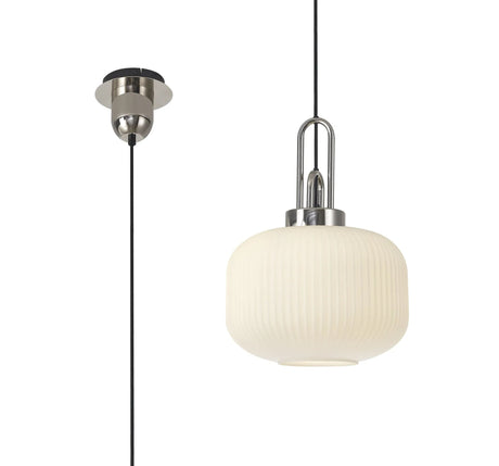 Allardyce 1 Light Pendant E27 With 30cm Pumpkin Shaped Ribbed Glass, Opal Polished Nickel/Matt Black
