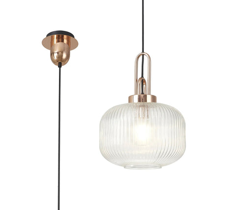 Allardyce 1 Light Pendant E27 With 30cm Pumpkin Shaped Ribbed Glass, Clear Copper/Matt Black