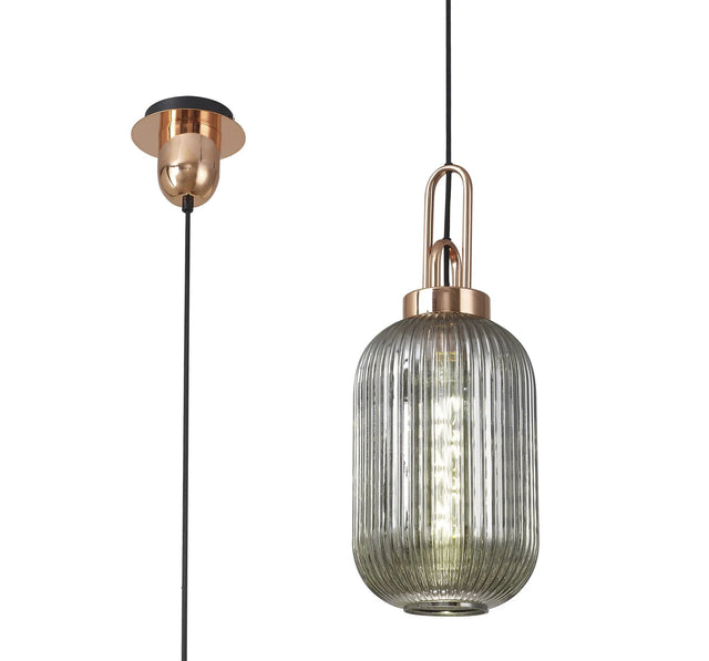 Allardyce 1 Light Pendant E27 With 20cm Tubular Ribbed Glass, Smoked Copper/Matt Black
