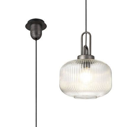 Allardyce 1 Light Pendant E27 30cm Pumpkin Shaped Ribbed Glass, Clear Black/Aged Pewter