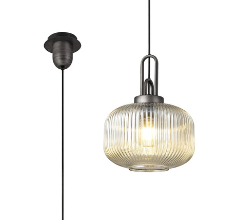 Allardyce 1 Light Pendant E27 30cm Pumpkin Shaped Ribbed Glass, Champagne Black/Aged Pewter
