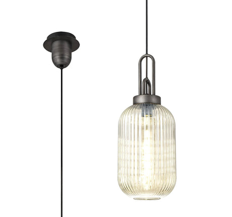 Allardyce 1 Light Pendant E27 20cm Tubular Ribbed Glass, Champagne Black/Aged Pewter
