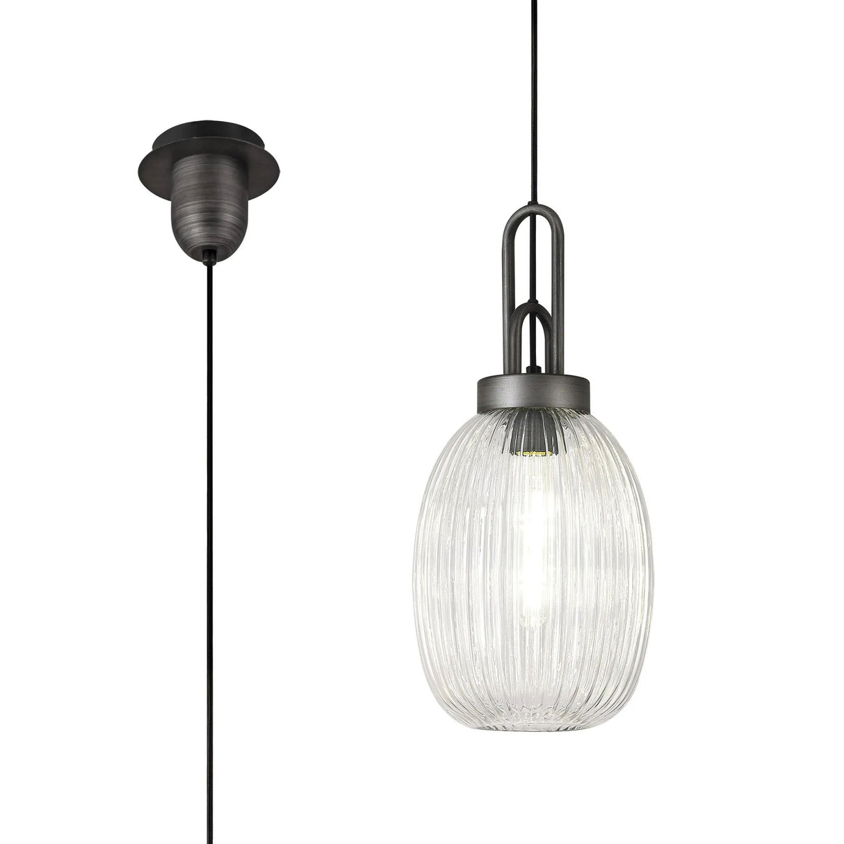 Allardyce 1 Light Pendant E27 20cm Almond Ribbed Glass, Clear Black/Aged Pewter