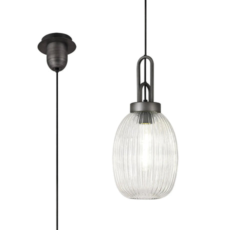Allardyce 1 Light Pendant E27 20cm Almond Ribbed Glass, Clear Black/Aged Pewter