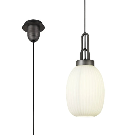 Allardyce 1 Light Pendant E27 20cm Almond Ribbed Glass, Opal Black/Aged Pewter