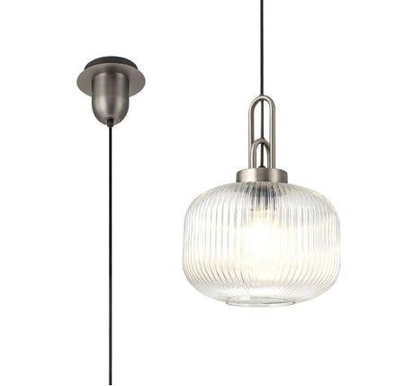 Allardyce 1 Light Pendant E27 30cm Pumpkin Shaped Ribbed Glass, Clear Antique Silver/Black