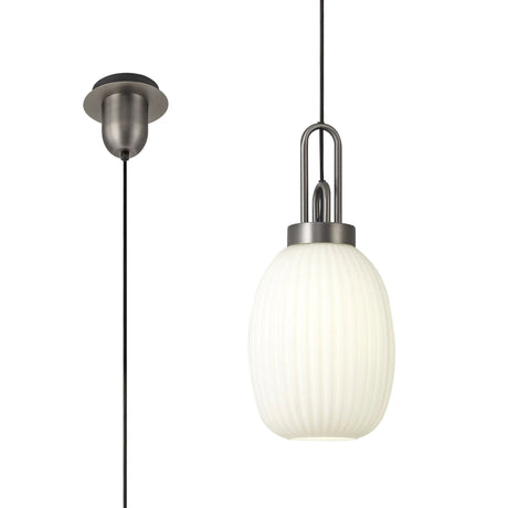Allardyce 1 Light Pendant E27 20cm Almond Ribbed Glass, Opal Antique Silver/Black