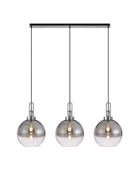 Allardyce Linear 3 Light Pendant E27 With 30cm Globe Glass, Smoked/Clear Polished Nickel/Matt Black