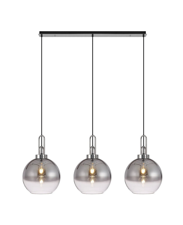 Allardyce Linear 3 Light Pendant E27 With 30cm Globe Glass, Smoked/Clear Polished Nickel/Matt Black