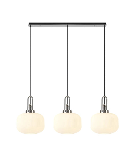Allardyce Linear 3 Light Pendant E27, Polished Nickel/Matt Black With 30cm Pumpkin Shaped Ribbed Opal Glass