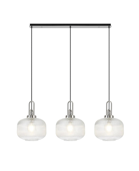Allardyce Linear 3 Light Pendant E27, Polished Nickel/Matt Black With 30cm Pumpkin Shaped Ribbed Clear Glass