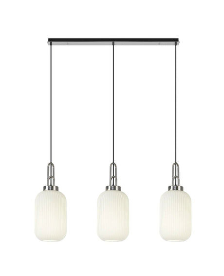 Allardyce Linear 3 Light Pendant E27 With 20cm Tubular Ribbed Glass, Opal Polished Nickel/Matt Black