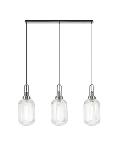 Allardyce Linear 3 Light Pendant E27 With 20cm Tubular Ribbed Glass, Clear Polished Nickel/Matt Black