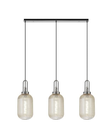 Allardyce Linear 3 Light Pendant E27 With 20cm Tubular Ribbed Glass, Champagne Polished Nickel/Matt Black