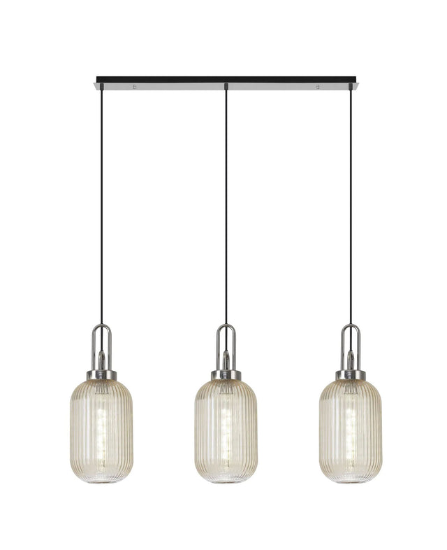 Allardyce Linear 3 Light Pendant E27 With 20cm Tubular Ribbed Glass, Champagne Polished Nickel/Matt Black