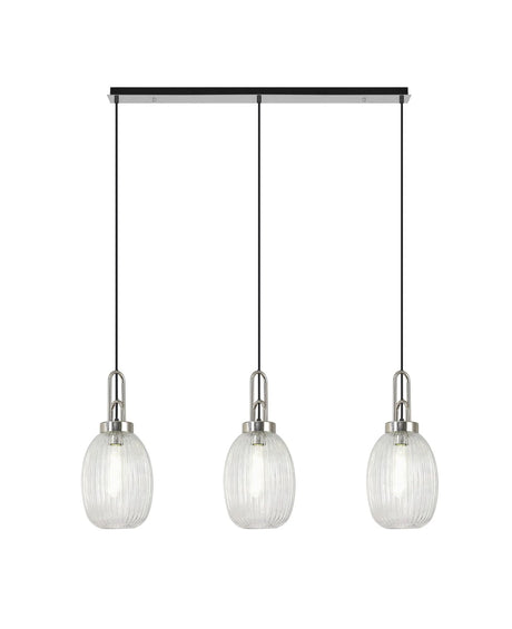 Allardyce Linear 3 Light Pendant E27 With 20cm Almond Ribbed Glass, Clear Polished Nickel/Matt Black