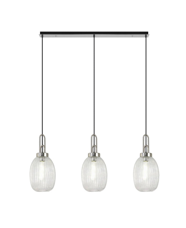 Allardyce Linear 3 Light Pendant E27 With 20cm Almond Ribbed Glass, Clear Polished Nickel/Matt Black