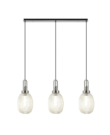 Allardyce Linear 3 Light Pendant E27 With 20cm Almond Ribbed Glass, Champagne Polished Nickel/Matt Black