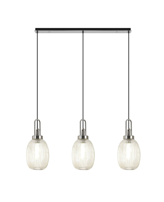 Allardyce Linear 3 Light Pendant E27 With 20cm Almond Ribbed Glass, Champagne Polished Nickel/Matt Black