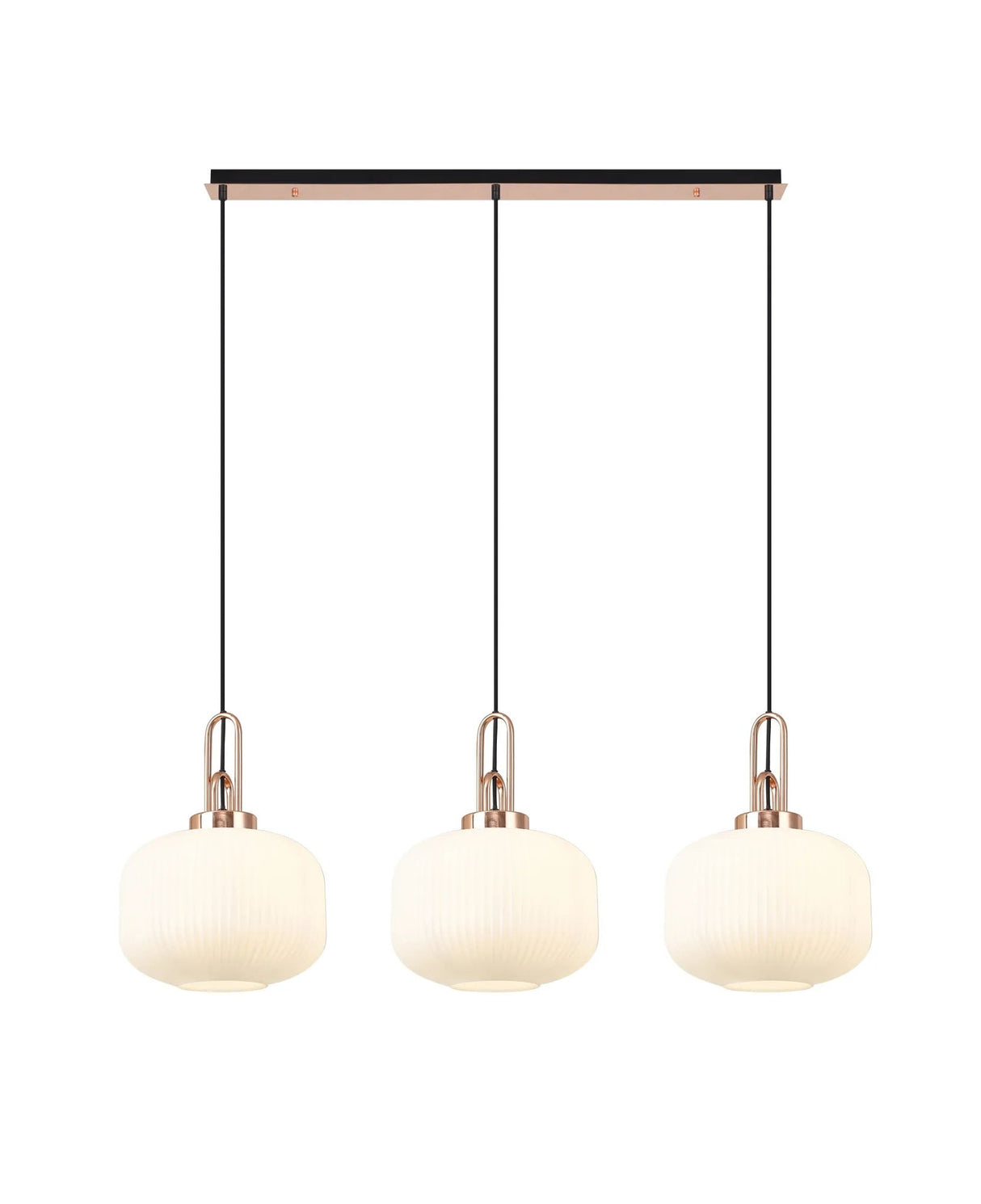 Allardyce Linear 3 Light Pendant E27, Copper/Matt Black With 30cm Pumpkin Shaped Ribbed Opal Glass