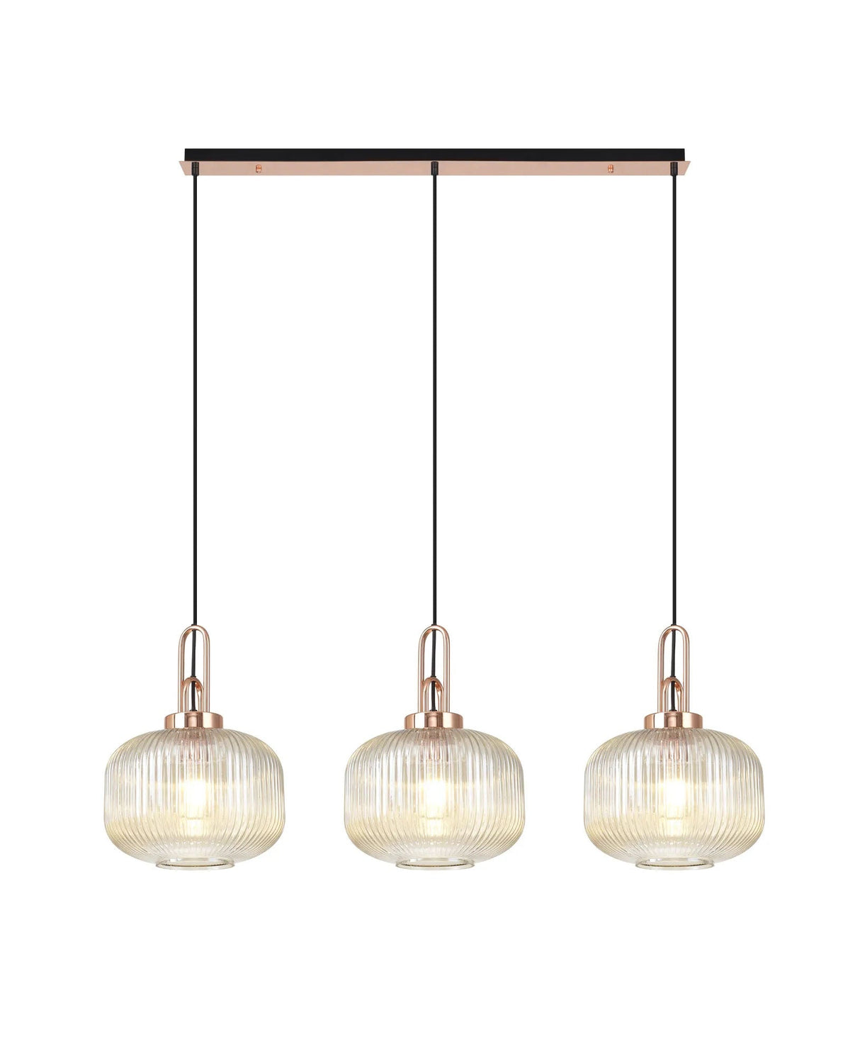 Allardyce Linear 3 Light Pendant E27, Copper/Matt Black With 30cm Pumpkin Shaped Ribbed Champagne Glass