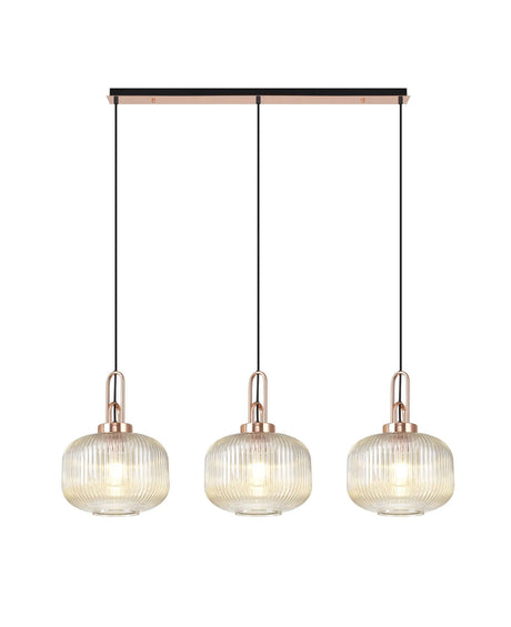 Allardyce Linear 3 Light Pendant E27, Copper/Matt Black With 30cm Pumpkin Shaped Ribbed Champagne Glass