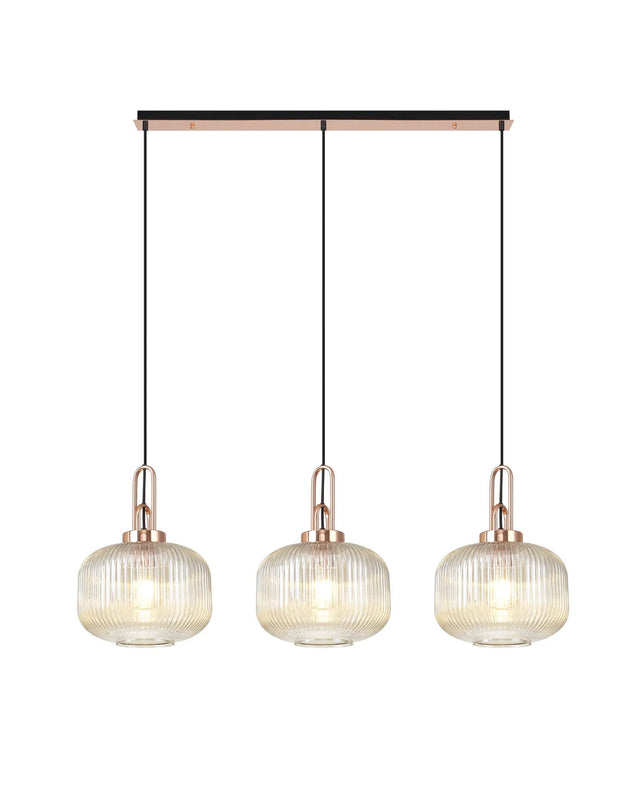 Allardyce Linear 3 Light Pendant E27, Copper/Matt Black With 30cm Pumpkin Shaped Ribbed Champagne Glass