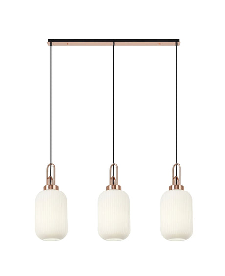 Allardyce Linear 3 Light Pendant E27 With 20cm Tubular Ribbed Glass, Opal Copper/Matt Black