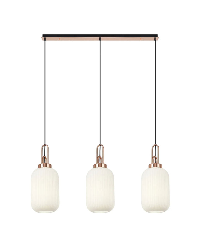 Allardyce Linear 3 Light Pendant E27 With 20cm Tubular Ribbed Glass, Opal Copper/Matt Black