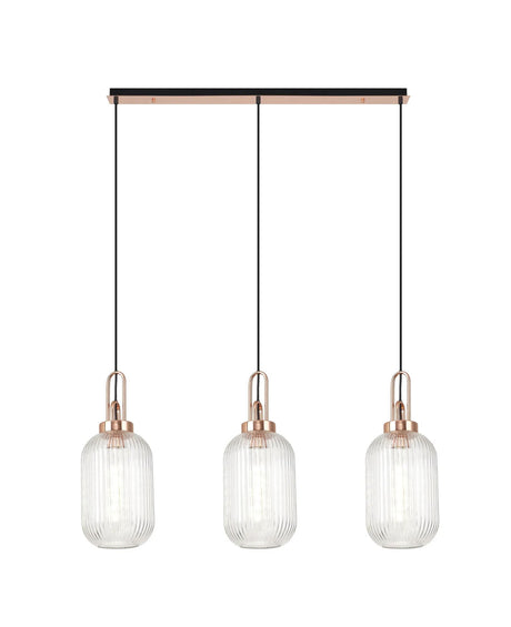 Allardyce Linear 3 Light Pendant E27 With 20cm Tubular Ribbed Glass, Clear Copper/Matt Black