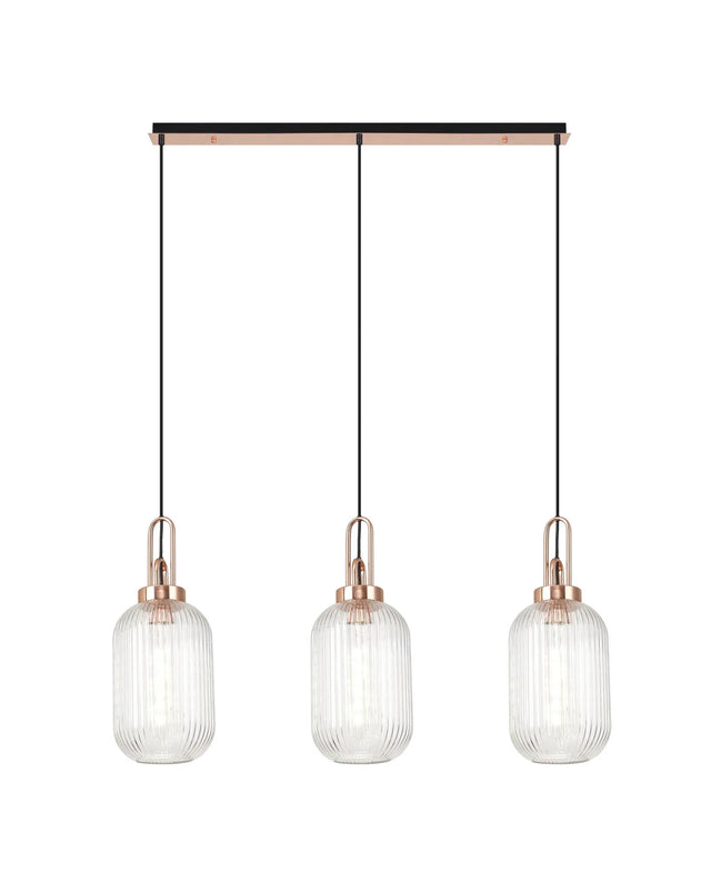 Allardyce Linear 3 Light Pendant E27 With 20cm Tubular Ribbed Glass, Clear Copper/Matt Black