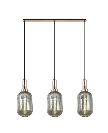 Allardyce Linear 3 Light Pendant E27 With 20cm Tubular Ribbed Glass, Smoked Copper/Matt Black