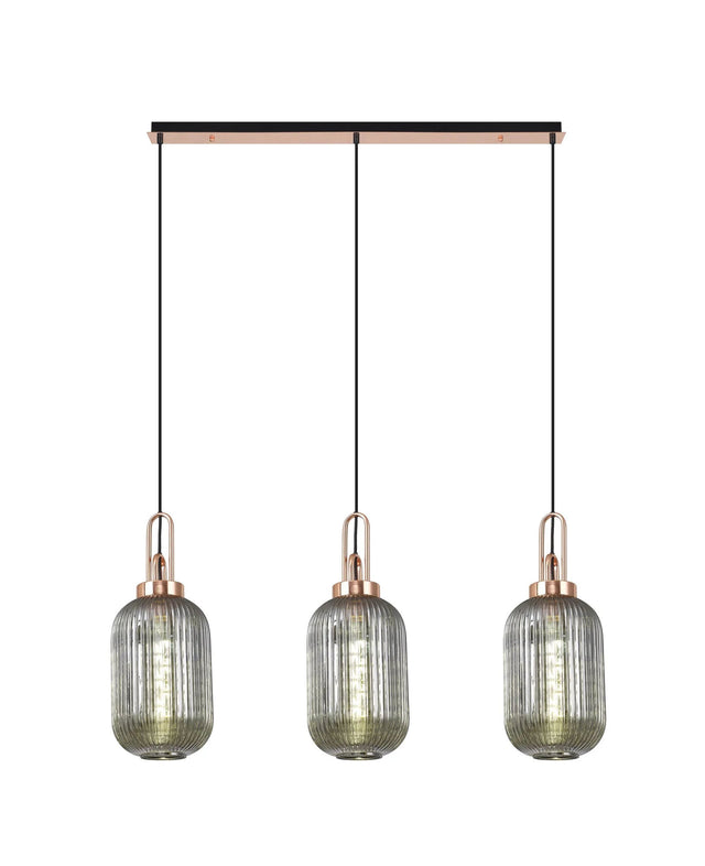 Allardyce Linear 3 Light Pendant E27 With 20cm Tubular Ribbed Glass, Smoked Copper/Matt Black