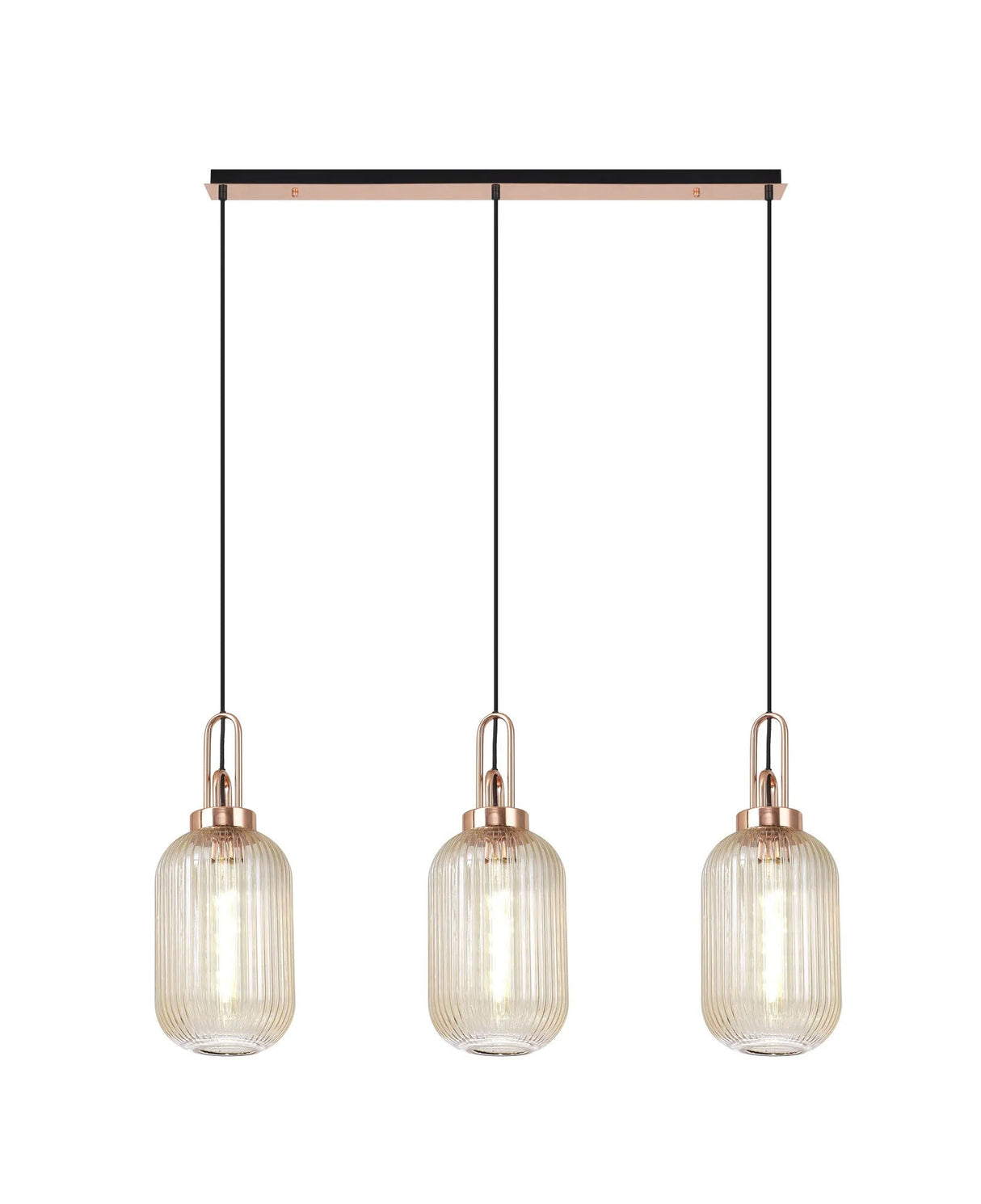 Allardyce Linear 3 Light Pendant E27 With 20cm Tubular Ribbed Glass, Champagne Copper/Matt Black