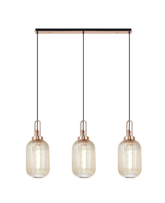 Allardyce Linear 3 Light Pendant E27 With 20cm Tubular Ribbed Glass, Champagne Copper/Matt Black