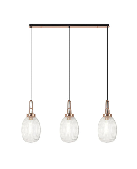 Allardyce Linear 3 Light Pendant E27 With 20cm Almond Ribbed Glass, Clear Copper/Matt Black