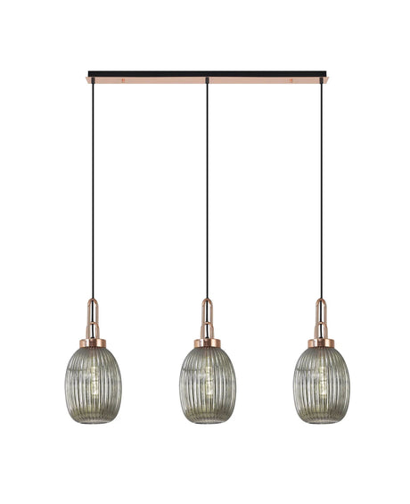 Allardyce Linear 3 Light Pendant E27 With 20cm Almond Ribbed Glass, Smoked Copper/Matt Black