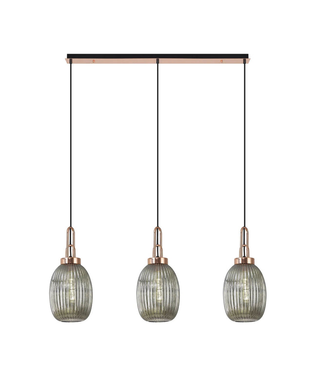 Allardyce Linear 3 Light Pendant E27 With 20cm Almond Ribbed Glass, Smoked Copper/Matt Black