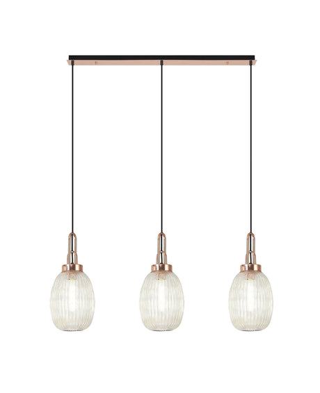 Allardyce Linear 3 Light Pendant E27 With 20cm Almond Ribbed Glass, Champagne Copper/Matt Black