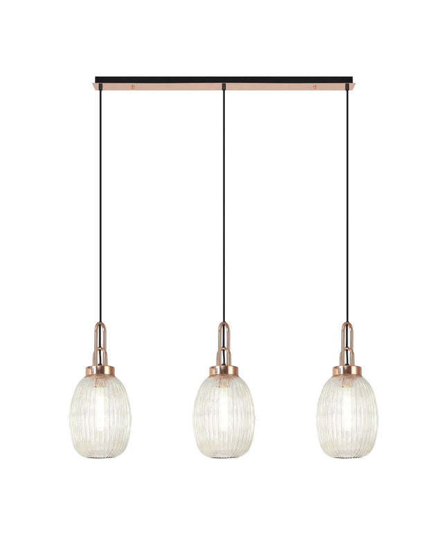 Allardyce Linear 3 Light Pendant E27 With 20cm Almond Ribbed Glass, Champagne Copper/Matt Black