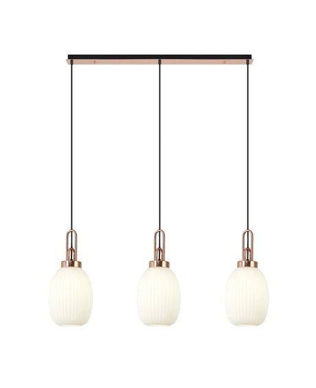 Allardyce Linear 3 Light Pendant E27 With 20cm Almond Ribbed Glass, Opal Copper/Matt Black