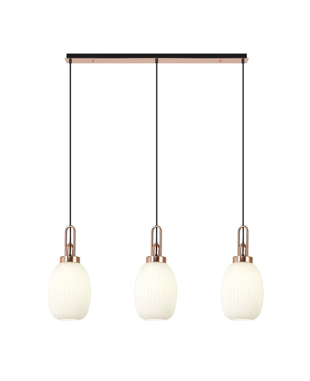 Allardyce Linear 3 Light Pendant E27 With 20cm Almond Ribbed Glass, Opal Copper/Matt Black