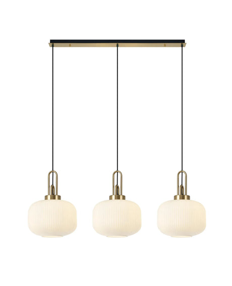Allardyce Linear 3 Light Pendant E27, Brass Gold/Matt Black With 30cm Pumpkin Shaped Ribbed Opal Glass